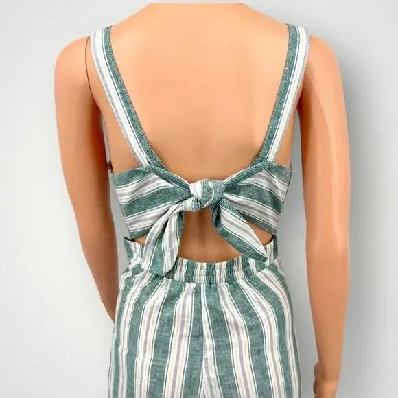 Womens Linen Blend Jumpsuit M Kelly Green Striped Wide Leg Sleeveless Tie Back - Picture 6 of 11